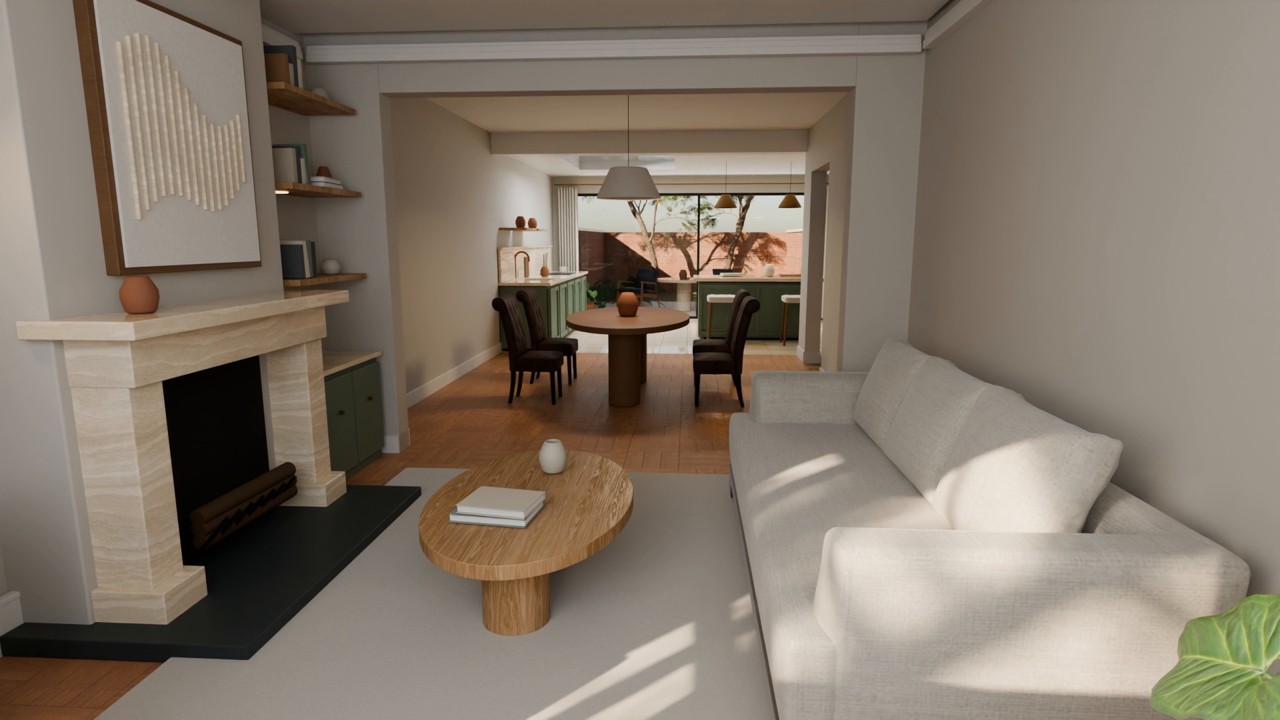 Rendered living room in Alder Mews, a fictional home