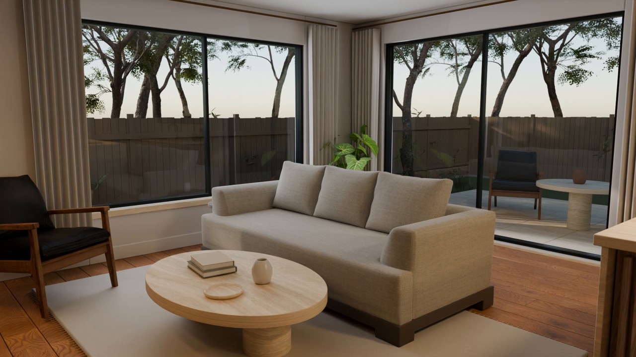 Rendered living room in Cedar Porch, a fictional home
